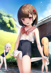 Rule 34 | 3girls, bare shoulders, blonde hair, blush, breasts, brown hair, cropped shirt, highres, long hair, looking at viewer, multiple girls, one-piece swimsuit, open mouth, original, purple eyes, sailor collar, school swimsuit, short hair, sleeveless, small breasts, smile, swimsuit, thighs, towel, wet, white hair, yan (nicknikg)