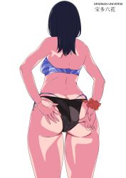 1girl adjusting_clothes adjusting_swimsuit ass bikini black_hair breasts commentary cowboy_shot facing_away gridman_universe highres layered_bikini long_hair orange_scrunchie scrunchie shiny_skin side-tie_bikini_bottom simple_background skindentation solo ssss.gridman standing swimsuit takarada_rikka thighs tonotyama variant_set white_background wrist_scrunchie