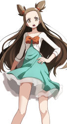 Rule 34 | 1girl, brown eyes, brown hair, collarbone, creatures (company), dress, fingernails, game freak, green dress, gym leader, hand on own hip, highres, jasmine (pokemon), legs, long hair, long sleeves, looking at viewer, nintendo, open mouth, pokemon, pokemon hgss, simple background, solo, standing, teeth, tsukishiro saika, upper teeth only, white background