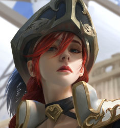 Rule 34 | 1girl, blurry, blurry background, choker, closed mouth, cloud, collarbone, hair between eyes, hat, league of legends, lejia chan, long hair, looking at viewer, pirate costume, pirate hat, red hair, sails, ship, shoulder pads, sky, solo, watercraft