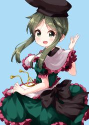 Rule 34 | 1girl, :d, apron, blue background, capelet, dress, frilled apron, frilled capelet, frills, green dress, green eyes, green hair, hat, highres, looking at viewer, open mouth, puffy short sleeves, puffy sleeves, ruu (tksymkw), short hair with long locks, short sleeves, sidelocks, simple background, skirt hold, smile, solo, tate eboshi, teireida mai, touhou, waist apron