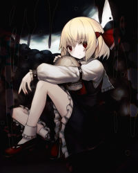Rule 34 | 1girl, arm on knee, arm strap, black skirt, blonde hair, bobby socks, closed mouth, commentary request, darkness, expressionless, frilled skirt, frilled sleeves, frills, full body, hair ribbon, highres, holding, holding skull, knee up, long sleeves, looking at viewer, medium hair, pile of skulls, red eyes, red footwear, red ribbon, ribbon, rumia, shirt, shoes, sitting, skirt, skull, socks, solo, spark621, touhou, white shirt, white socks