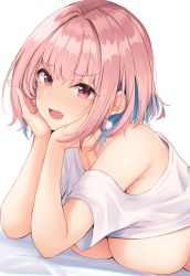 Rule 34 | 1girl, :d, ahoge, anza tomo, bare arms, bare shoulders, blush, breasts, clothes pull, collarbone, commentary request, fang, fang out, head in hand, head rest, highres, idolmaster, idolmaster cinderella girls, large breasts, looking at viewer, multicolored hair, open mouth, pink hair, shirt, shirt pull, short hair, short sleeves, simple background, smile, solo, two-tone hair, white background, white shirt, yumemi riamu