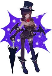 Rule 34 | 1girl, asymmetrical legwear, bat wings, black gloves, black hat, black legwear, black umbrella, blue footwear, boots, breasts, brown hair, bug, cleavage, closed umbrella, dragon nest, elbow gloves, fang, flower, full body, garter straps, gloves, hand on own hip, hat, kiio, looking at viewer, medium breasts, planted, planted umbrella, red eyes, rose, sketch, solo, spider, standing, top hat, umbrella, uneven legwear, wings