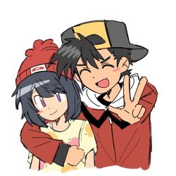 1boy 1girl ^_^ arm_around_shoulder ashke1chum backwards_hat baseball_cap beanie black_hair blush_stickers closed_eyes creatures_(company) ethan_(pokemon) facing_viewer fang floral_print_shirt game_freak hand_up hat highres hood hood_down hooded_jacket jacket long_sleeves looking_at_viewer nintendo open_mouth pokemon pokemon_hgss pokemon_sm purple_eyes red_hat red_jacket selene_(pokemon) shirt short_hair short_sleeves skin_fang smile upper_body w white_hood yellow_shirt