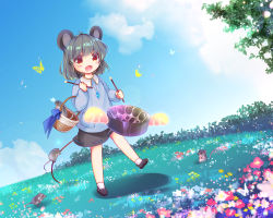 Rule 34 | 1girl, album cover, animal ears, basket, blue shirt, blue sky, blush, bug, butterfly, cloud, comiket 100, commentary request, cover, crystal, day, drumsticks, enjoy mix, flat chest, flower, full body, grass, grey hair, grey skirt, insect, jewelry, long sleeves, looking at viewer, mouse (animal), mouse ears, mouse girl, mouse tail, nazrin, open mouth, pendant, pink flower, red eyes, red flower, shirt, short hair, skirt, sky, smile, solo, steelpan, tail, touhou, tree, walking, white flower, yellow butterfly