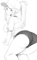 Rule 34 | 1girl, all fours, arm support, ass, ass focus, baseball cap, breasts, expressionless, feet out of frame, from behind, greyscale, half updo, hat, highres, large breasts, legs together, long hair, looking at viewer, looking back, monochrome, nyatabe, original, panties, panties under shorts, panty peek, parted lips, ponytail, shirt, short shorts, short sleeves, shorts, sidelocks, solo, thick thighs, thighs, underwear