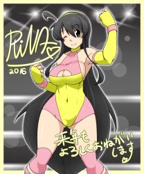 Rule 34 | 1girl, ahoge, black hair, blush, breasts, character name, cleavage, cleavage cutout, closed mouth, clothing cutout, covered navel, crotch, dated, hair ornament, highres, large breasts, leotard, ninoita rina, one eye closed, sakasa gurasan, signature, solo, split mouth, standing, text focus, thighhighs, wink, wrestler, wrestling outfit, wrestling ring