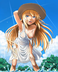 Rule 34 | 1girl, armpits, arms up, bare shoulders, bent over, blonde hair, blue eyes, breast slip, breasts, cloud, day, dress, hat, leaning forward, long hair, medium breasts, minazuki tsuyuha, nipples, one breast out, see-through, sky, smile, solo, standing, strap slip, tree, wet