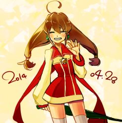 Rule 34 | 1girl, 2014, ahoge, artist request, blush, brown hair, cape, closed eyes, coat, dated, green eyes, grin, hair ornament, hairband, happy, hexagram, lilka eleniak, long hair, low-tied long hair, open mouth, sidelocks, skirt, smile, solo, thighhighs, twintails, umbrella, white thighhighs, wild arms, wild arms 2