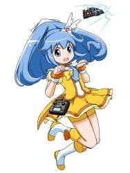 Rule 34 | 1girl, back to the future, blue eyes, blue hair, bow, car, cosplay, cure peace, cure peace (cosplay), delorean, hair flaps, ikamusume, kanemoto hisako, motor vehicle, poponpin, precure, shinryaku! ikamusume, shorts, shorts under skirt, simple background, skirt, smile precure!, vehicle, voice actor connection, white background, wide ponytail, yellow bow, yellow shorts, yellow skirt