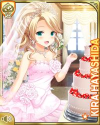 Rule 34 | 1girl, alternate hairstyle, blonde hair, bow, cake, card (medium), day, dress, food, girlfriend (kari), green eyes, hayashida kira, indoors, jewelry, long hair, official art, open mouth, pink bow, pink dress, qp:flapper, ring, shoes, smile, solo, standing, table, wedding cake, wedding dress, wedding ring, window