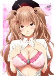 Rule 34 | 1girl, ahoge, blush, bra, breasts, brown hair, cleavage, dog tags, hair flaps, hair ornament, hair ribbon, highres, kantai collection, light brown hair, long hair, looking at viewer, murasame (kancolle), open clothes, open shirt, pink background, red eyes, ribbon, signature, solo, sweat, twintails, underwear, yua (checkmate)
