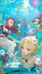 2girls absurdres bare_shoulders blonde_hair blue_eyes breasts camera charlotte_(genshin_impact) cleavage dekalco genshin_impact gloves green_eyes hair_ribbon highres holding holding_camera large_breasts leg_belt looking_at_viewer lumine_(genshin_impact) medium_breasts multiple_girls ocean open_mouth pink_hair ribbon short_hair skirt taking_picture underwater white_gloves