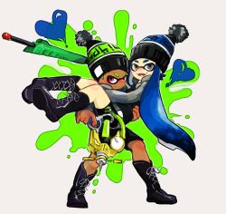 Rule 34 | 1boy, 1girl, bad id, bad pixiv id, beanie, bike shorts, black footwear, blue hair, boots, carrying, commentary request, couple, cross-laced footwear, dark skin, fangs, green hair, grey background, grey eyes, gun, hat, heart, hetero, holding, inkling, inkling boy, inkling girl, inkling player character, lace-up boots, long hair, long sleeves, looking at viewer, matching outfits, nintendo, open mouth, paint splatter, princess carry, purple eyes, rifle, smile, sniper rifle, splat charger (splatoon), splatoon (series), splatoon 1, standing, sweater, tentacle hair, tomkrs, weapon