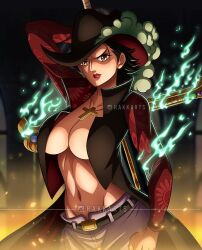 Rule 34 | 1girl, absurdres, belt, belt buckle, black coat, black hair, breasts, buckle, clenched hand, closed mouth, coat, cross, cross necklace, cross pendant, dracule mihawk, floral print, genderswap, genderswap (mtf), hat, hat feather, high collar, highres, holding, holding sword, holding weapon, jewelry, large breasts, looking at viewer, navel, necklace, no bra, one piece, open clothes, pants, rakara11, rakara11 (rakkarts), red lips, ringed eyes, short hair, solo, sword, v-shaped eyebrows, weapon, white pants, yellow eyes, yoru (sword)