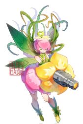 Rule 34 | closed eyes, digimon, dress, fairy, fairy wings, green footwear, highres, holding cannon, lilimon, multiple wings, pink dress, plant hair, simple background, sleeveless, sleeveless dress, thorns, white background, wings, youzaiyouzai112