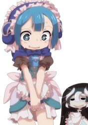 Rule 34 | 1boy, 1girl, apron, black hair, blue capelet, blue eyes, blue hair, blush, capelet, corset, dress, drooling, embarrassed, frills, hair between eyes, highres, hunched over, made in abyss, maid headdress, maruruk, multicolored hair, nervous smile, own hands together, ozen, puffy short sleeves, puffy sleeves, short sleeves, simple background, smile, trap, two-tone hair, whistle, white background, white hair, ximu shilang
