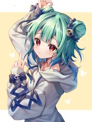 Rule 34 | 1girl, arm up, blue bow, blue flower, blue hair, bow, brown background, chyoling, closed mouth, collarbone, commentary request, double bun, drawstring, flower, gradient hair, green hair, grey hoodie, hair bun, hair flower, hair ornament, hand up, hololive, hood, hood down, hoodie, long sleeves, multicolored hair, puffy long sleeves, puffy sleeves, red eyes, skull hair ornament, sleeves past wrists, solo, two-tone background, upper body, uruha rushia, virtual youtuber, white background