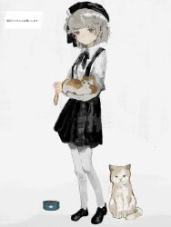 Rule 34 | 1girl, animal, beret, black bow, black bowtie, black footwear, black hat, black skirt, bow, bowl, bowtie, can, cat, closed mouth, collared shirt, expressionless, faux traditional media, full body, grey background, grey eyes, grey hair, hair bow, hat, hatoba tsugu, highres, holding, holding animal, holding can, kuttakutanao0, loafers, long sleeves, mole, mole under eye, pantyhose, pet bowl, pet food, shirt, shoes, short hair, skirt, solo, standing, translation request, tsugu (vtuber), white pantyhose, white shirt