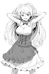 Rule 34 | 1girl, armpits, breasts, conte di cavour (kancolle), conte di cavour nuovo (kancolle), dress, feet out of frame, greyscale, hands in hair, highres, kantai collection, large breasts, layered dress, long hair, looking at viewer, monochrome, open mouth, shingyou (alexander-13), short sleeves, simple background, smile, solo, white background