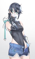 Rule 34 | 1girl, absurdres, bare shoulders, black gloves, black hair, blue eyes, breasts, covered navel, earrings, gloves, hair ornament, highres, jewelry, leotard, long hair, looking at viewer, mask, mole, mouth mask, nay akane, original, pointy ears, shorts, solo