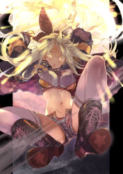 Rule 34 | 1girl, amunero (kyouka jinrui amunero), angry, attack, blonde hair, blue panties, blue shorts, boots, breasts, brown footwear, bustier, coat, cross-laced footwear, denim, denim shorts, frown, hair ornament, highres, hyocorou, jumping, kyouka jinrui amunero, large breasts, long hair, long sleeves, midriff, navel, ofuda, open clothes, open coat, open mouth, open shorts, original, panties, scar, scar on stomach, short shorts, shorts, smoke, solo, thighhighs, underboob, underwear, unzipped, very long hair, white thighhighs, yellow eyes