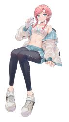 Rule 34 | 1girl, arknights, arm support, bare shoulders, black pants, blue poison (arknights), bottle, braid, breasts, choker, closed mouth, earrings, full body, green eyes, green shorts, hand up, highres, holding, holding bottle, jacket, jewelry, long sleeves, medium breasts, medium hair, navel, off shoulder, open clothes, open jacket, pants, profnote, puffy long sleeves, puffy sleeves, shoes, shorts, simple background, sitting, smile, solo, stomach, twin braids, white background
