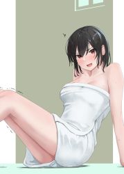 Rule 34 | 1girl, black hair, blush, breasts, cleavage, commentary request, hair between eyes, highres, jouzaburou (joe3), kantai collection, looking at viewer, medium breasts, naked towel, open mouth, red eyes, short hair, simple background, sitting, solo, towel, trembling, wet, wet hair, white towel, yamashiro (kancolle)