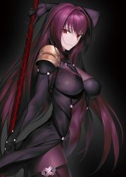 Rule 34 | 1girl, absurdres, arm up, armor, bodysuit, breasts, closed mouth, fate/grand order, fate (series), gae bolg (fate), hair intakes, highres, large breasts, light smile, lips, long hair, looking at viewer, pauldrons, polearm, purple bodysuit, purple hair, red eyes, scathach (fate), shoulder armor, solo, spear, very long hair, weapon, yagitome87