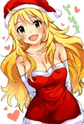 Rule 34 | 1girl, :d, arms behind back, bad id, bad pixiv id, bare shoulders, blonde hair, blush, breasts, cleavage, collarbone, dress, elbow gloves, female focus, gloves, green eyes, hat, heart, hoshii miki, idolmaster, idolmaster (classic), large breasts, long hair, looking at viewer, open mouth, restaint, saliva, santa hat, simple background, smile, solo, strapless, strapless dress, translated