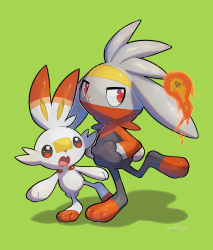Rule 34 | absurdres, commentary request, creatures (company), evolutionary line, fang, fire, game freak, gen 8 pokemon, green background, hands in pockets, highres, nintendo, nullma, open mouth, pokemon, pokemon (creature), raboot, red eyes, scorbunny, simple background, standing, toes, tongue