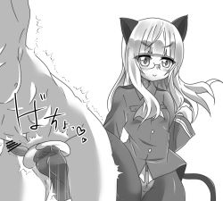Rule 34 | 1boy, 1girl, abs, animal ears, ball busting, bar censor, bdsm, blush, cat ears, cat tail, cbt, censored, clothed female nude male, collared shirt, commentary, crotch kick, epaulettes, feet, femdom, glasses, greyscale, highres, kicking, long hair, long sleeves, military, military uniform, monochrome, muscular, muscular male, nude, pain, panties, panties over pantyhose, pantyhose, penis, perrine h. clostermann, shiny clothes, shiny legwear, shirt, simple background, small penis, smile, soles, strike witches, tail, tareme, trembling, underwear, uniform, user ejah8343, violence, white background, white shirt, wing collar, world witches series