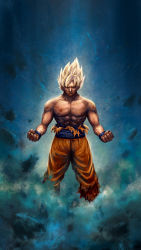 Rule 34 | 1boy, blonde hair, clenched hand, clenched hands, debris, dragon ball, dragonball z, epic, highres, long hair, making-of available, male focus, muscular, topless male, solo, son goku, spiked hair, super saiyan, super saiyan 1, torn clothes, yama moto
