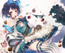 Rule 34 | 1girl, alice (sinoalice), apron, bare shoulders, blue hair, blue skirt, bow, breasts, cake, candy, chain, checkered ribbon, chocolate, chocolate heart, choker, cleavage, cleavage cutout, clothing cutout, collarbone, elbow gloves, food, frilled skirt, frills, fruit, gloves, hair bow, heart, highres, jewelry, looking at viewer, magic, mcmcmococo, medium breasts, mouth hold, pink eyes, pocket watch, ribbon, short hair, sinoalice, skirt, solo, striped, thighhighs, thighs, watch, zettai ryouiki