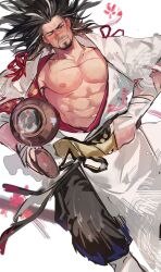 Rule 34 | 1boy, abs, alcohol, bara, bare pectorals, blush, cup, facial hair, from above, goatee, highres, japanese clothes, kimono, knee up, kuroshima kurishiro (muyi24108414), large pectorals, long hair, looking at viewer, lying, male focus, mature male, multicolored hair, muscular, muscular male, mustache stubble, navel, nipples, on back, one eye closed, open clothes, open kimono, original, pectorals, petals, sakazuki, sake, scar, scar on chest, seductive smile, smile, solo, stomach, streaked hair, strongman waist, stubble, thick eyebrows, tokkuri, unfinished, white kimono