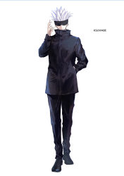 Rule 34 | 1boy, artist name, black jacket, blindfold, facing viewer, gojou satoru, jacket, jujutsu kaisen, k-suwabe, male focus, simple background, solo, spiked hair, tagme, white background, white hair