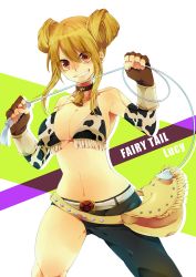 Rule 34 | 1girl, animal print, bell, bikini, bikini top only, blonde hair, breasts, brown eyes, collar, copyright name, cow print, detached sleeves, double bun, fairy tail, female focus, fingerless gloves, gloves, hair bun, looking at viewer, lucy heartfilia, neck bell, solo, swimsuit, taurus form, whip, yuita ro