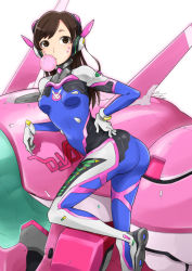 Rule 34 | 1girl, ass, blue bodysuit, bodysuit, breasts, brown eyes, brown hair, blowing bubbles, chewing gum, covered navel, d.va (overwatch), eyebrows, facial mark, gloves, hand on own hip, headphones, io naomichi, leg up, long hair, mecha, meka (overwatch), overwatch, overwatch 1, rabbit, ribbed bodysuit, robot, simple background, small breasts, solo, straight hair, swept bangs, turtleneck, whisker markings, white background, white gloves