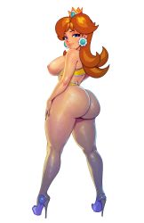 Rule 34 | 1girl, absurdres, ass, blue eyes, breasts, breasts out, brown hair, curvy, freckles, full lips, high heels, highres, huge ass, large breasts, lingerie, lips, looking at viewer, looking back, mario (series), naughty face, nintendo, nipples, princess daisy, robaato, super mario bros. 1, thick thighs, thighs, underwear