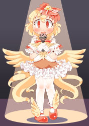 Rule 34 | 1girl, adapted costume, animal, animal on head, ankle socks, bird, bird on head, bird wings, black background, blush, brown dress, chick, commentary, dress, gloves, hair between eyes, hair ribbon, highres, holding, holding microphone, idol, keikou ryuudou, looking at viewer, mary janes, microphone, multicolored hair, niwatari kutaka, on head, open mouth, own hands together, pantyhose, puffy short sleeves, puffy sleeves, red eyes, red footwear, red hair, ribbon, shadow, shirt, shoes, short hair, short sleeves, simple background, socks, socks over pantyhose, solo, spotlight, standing, standing on one leg, touhou, two-tone hair, white gloves, white shirt, white socks, winged footwear, wings