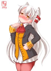 Rule 34 | 1girl, alternate costume, amatsukaze (kancolle), ascot, blush, brown eyes, commentary request, cosplay, dated, fate/grand order, fate (series), hair tubes, highres, kanon (kurogane knights), kantai collection, long hair, looking at viewer, nose blush, olga marie (cosplay), olga marie animusphere, pantyhose, pleated skirt, red pantyhose, silver hair, simple background, sketch, skirt, solo, sweat, two side up, white background