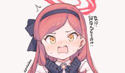 Rule 34 | 1girl, ^^^, black gloves, black hairband, blue archive, blush, gloves, grey background, hairband, halo, jingai modoki, long hair, open mouth, red hair, red halo, simple background, solo, takane (blue archive), translation request, twitter username, upper body, yellow eyes
