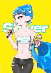 Rule 34 | 1girl, alternate hairstyle, blue hair, character name, chest sarashi, collarbone, cowboy shot, hand fan, highres, koharu2.5, looking to the side, navel, nintendo, octoling player character, paper fan, red lips, sarashi, shiver (splatoon), short hair, solo, splatoon (series), splatoon 3, tentacle hair, thigh gap, torn clothes, torn legwear, unworn cape, yellow background