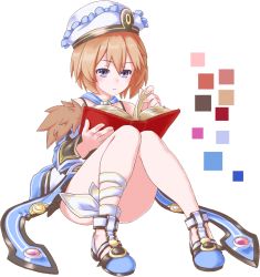 Rule 34 | 1girl, blanc (neptunia), blue eyes, blush, book, brown hair, dress, eyebrows, flat chest, full body, hair between eyes, hat, holding, holding book, long sleeves, neptune (series), open book, reading, short dress, short hair, simple background, sitting, solo, transparent background