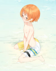 Rule 34 | 1girl, barefoot, beach, blush, breasts, character request, closed mouth, copyright request, crossdressing, drawstring, eichisu, embarrassed, exhibitionism, female focus, flat chest, from above, from side, full body, highres, looking at viewer, looking to the side, male swimwear, male swimwear challenge, male swimwear writing, multicolored clothes, multicolored male swimwear, multicolored swim trunks, multicolored swimsuit, nipples, orange hair, outdoors, public indecency, sand, short hair, sitting, solo, source request, swim trunks, swim trunks writing, swimsuit, swimsuit writing, tareme, toes, topless, wariza, water, wavy mouth, white male swimwear, white swim trunks, yellow eyes, yellow male swimwear, yellow swim trunks