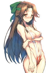 Rule 34 | 10s, 1girl, adapted costume, bad id, bad pixiv id, blush, bow, breast hold, breast rest, breasts, brown eyes, brown hair, cleavage, covered erect nipples, cowboy shot, embarrassed, eyebrows, forehead protector, from side, groin, hair bow, hair intakes, half updo, hand on own thigh, headband, heart, heart-shaped pupils, highres, holding own arm, jintsuu (kancolle), jintsuu kai ni (kancolle), kantai collection, long hair, looking at viewer, navel, nose blush, orange eyes, raised eyebrows, redcomet, sideboob, sidelocks, simple background, sketch, slingshot swimsuit, solo, swimsuit, symbol-shaped pupils, very long hair, wavy mouth, white background