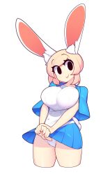 Rule 34 | 1girl, animal ear fluff, animal ears, blue capelet, blue skirt, breasts, capelet, fiz (fizintine), fizintine, highres, large breasts, looking at viewer, miniskirt, original, panties, pleated skirt, rabbit ears, rabbit tail, simple background, skirt, smile, solo, tail, thighs, underwear, white background, white panties, white tail