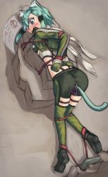 Rule 34 | 1girl, anal, anal object insertion, anal tail, arms behind back, bad id, bad pixiv id, bdsm, bent over, blush, bondage, bondage mittens, bound, butt plug, double insertion, fake tail, fixed vibrator, full body, green eyes, green hair, highres, kagyakusetsu, knees together feet apart, looking back, lying, matching hair/eyes, multiple insertions, object insertion, on stomach, public indecency, pussy juice, rubble, sex toy, shibari, sinon, sinon (sao-alo), solo, sword art online, tail, vaginal, vaginal object insertion, vibrator