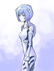 Rule 34 | 1girl, ayanami rei, blue hair, bob cut, bodysuit, breasts, cowboy shot, expressionless, hair ornament, headgear, interface headset, ishiyumi, looking at viewer, neon genesis evangelion, plugsuit, red eyes, short hair, small breasts, solo